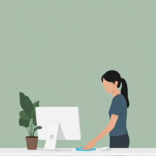 Person cleaning office desks and monitors