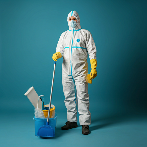 Professional cleaner in white protective suit